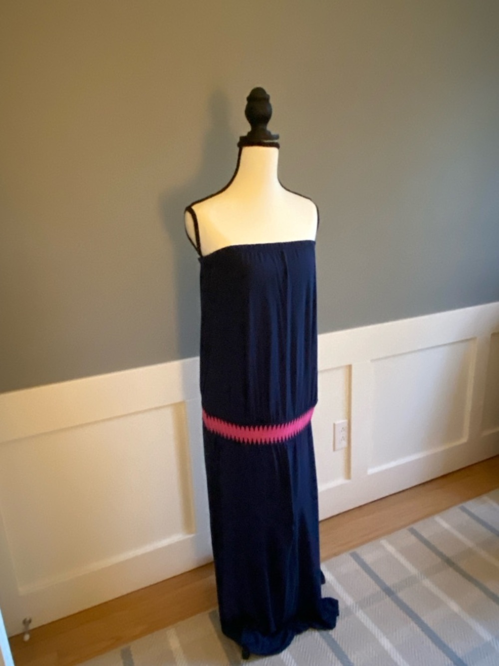 Strapless Navy Maxi Dress with Pink Waist Accent